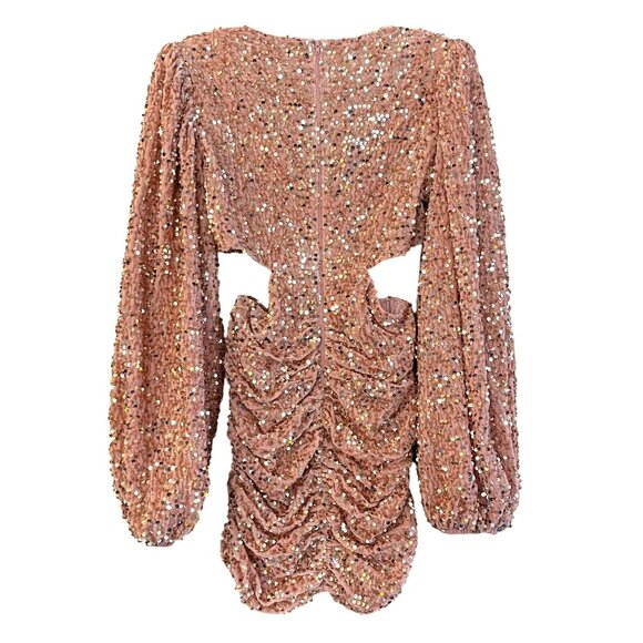 Line & Dot Medium Sequin Embellished Rhinestone Belt Pink V-Neck Mini Dress NEW - Picture 7 of 8